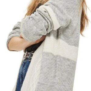 TOPSHOP Classic Open Front Cable Knit Color Block Cardigan Grey & Cream